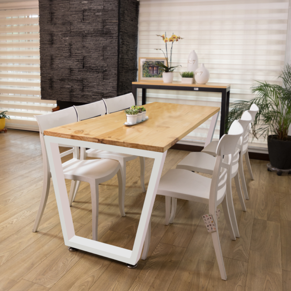 Mesa de comedor voga 6 puestos rectangular madera pino natural y metal negro - Imagen 3